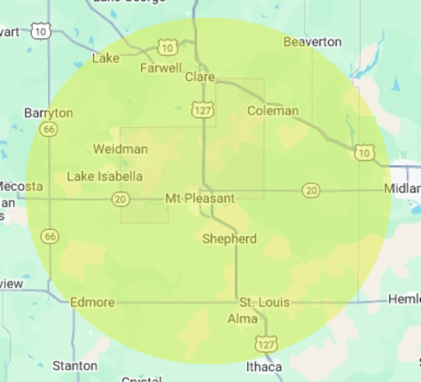 Isabella Garage Door Service Area Map covering Central Michigan to include Mt. Pleasant, Clare, Alma, Coleman and more