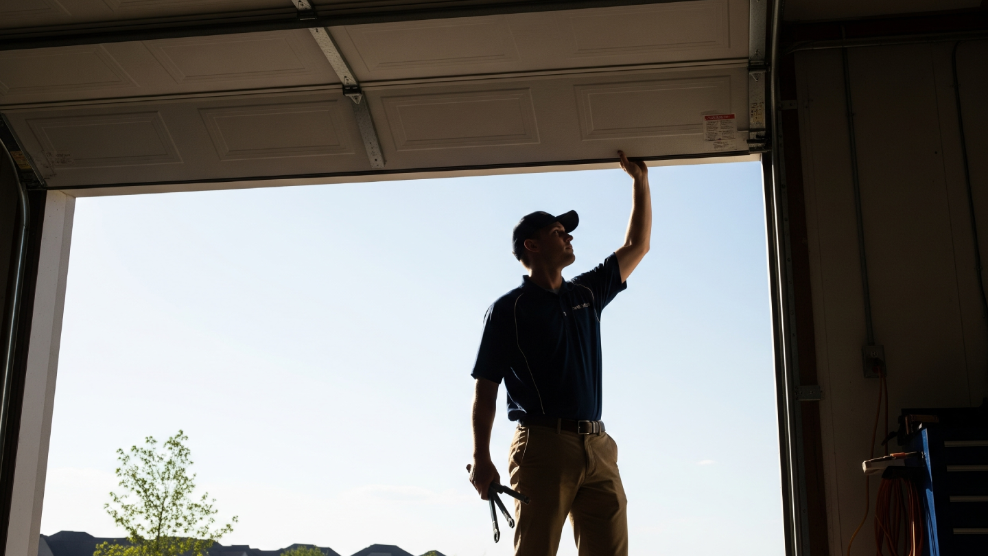 A garage door technician repairing a broken door.