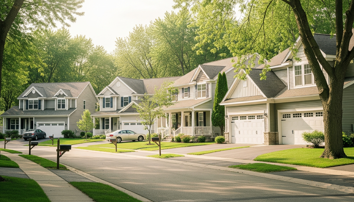 A quiet Central Michigan neighborhood with attached garages on residential homes